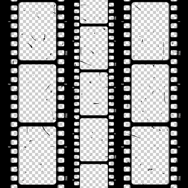 Old retro movie film strip set with grunge texture on transparent background