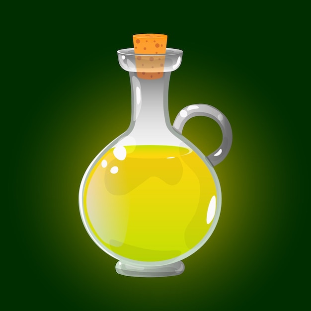 Olive oil bottle in cartoon style on green background vector