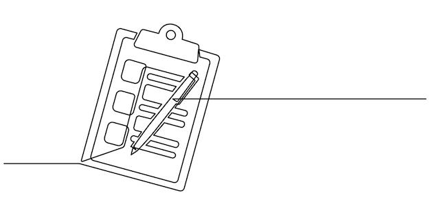 one continuous line drawing of clipboard with checklist and pen to do list with ticks and concept