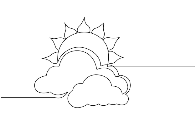 One continuous line drawing of Clouds with sun in the sky Continuous one line drawing of sun cloud
