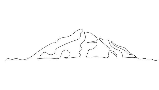 One continuous line drawing of mountain range landscape web banner with mounts in simple linear