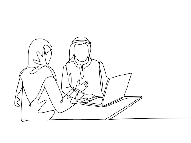 One continuous line drawing of muslim sales marketer explaining features of new product to customer
