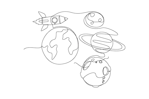 one continuous line drawing of rocket passing between planets in space outer space and astronaut minimalist universe concept dynamic single line draw design vector graphic illustration