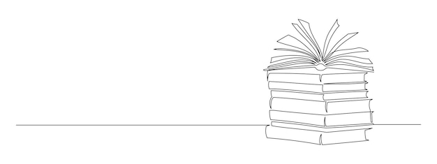 One continuous line drawing of stack books and opened notebook with pages Education in school