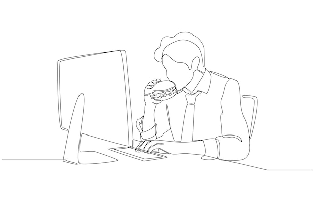 One line drawing of male office worker looking at pc screen while eating hamburger urgent work