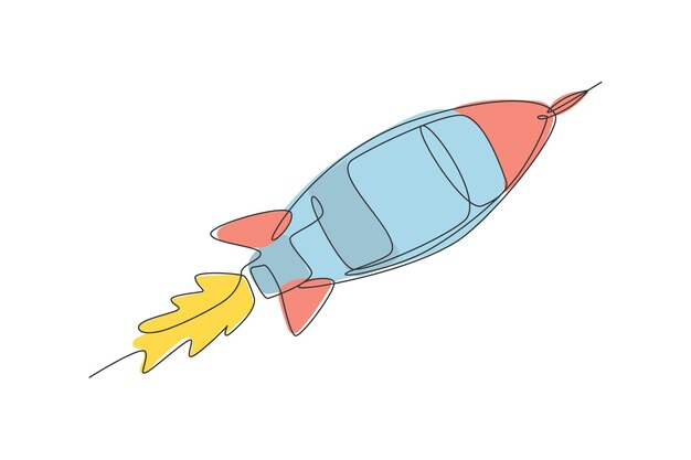 One single line drawing of simple vintage rocket takes off into the outer space vector exploration