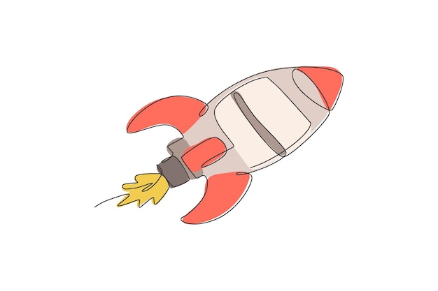 One single line drawing of simple vintage rocket takes off into the outer space vector exploration