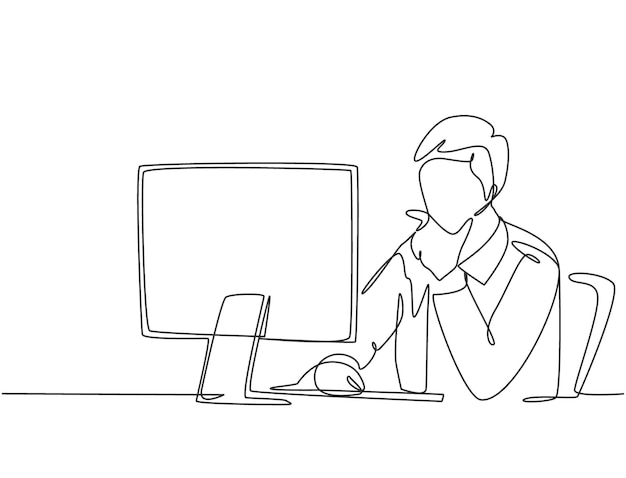 One single line drawing of startup CEO sitting in front of computer and thinking seriously at office