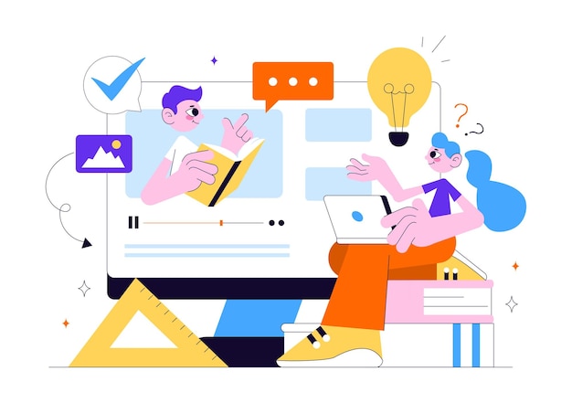 online education and knowledge books illustration featuring people studying with school supplies and learning materials platform in a background