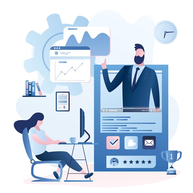 Online education or business training Financial video course with male mentor and businesswoman