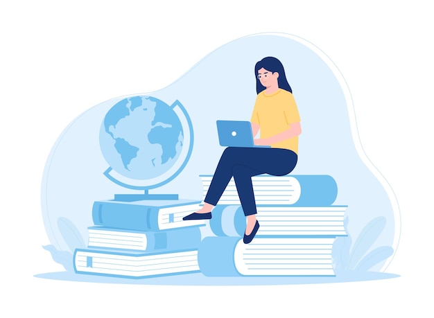 Online education with book laptop and globe concept flat illustration