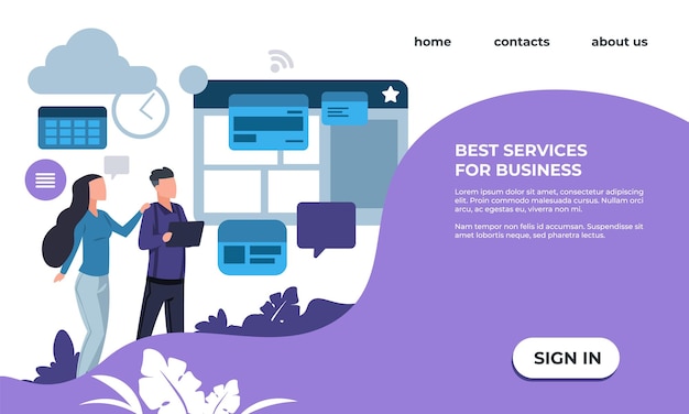 online marketing landing page web services for business website interface with text and buttons optimization processes with modern technologies vector internet platform template