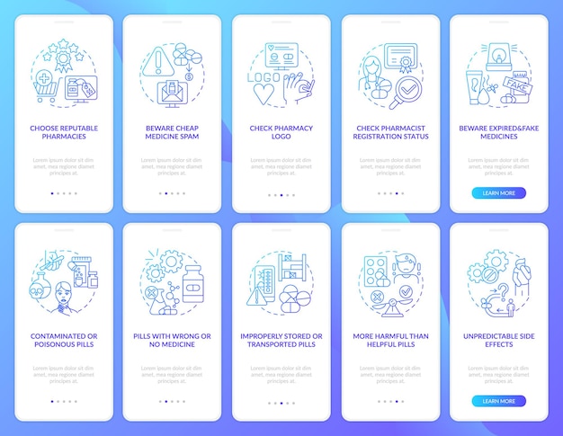 online pharmacy onboarding mobile app page screen with concepts. pharmacist registration status walkthrough 10 steps . ui  template with rgb color illustrations