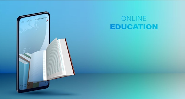 online reading concept smartphone with books inside the book flies out of the phone screen distance learning and education isolated vector on white background