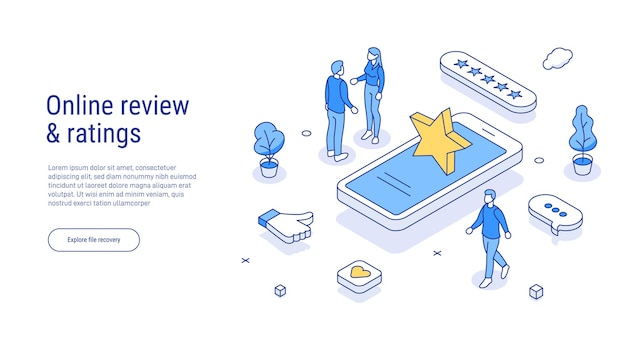 online review concept in isometric vector illustration customer survey or reputation rating