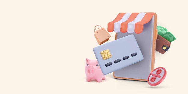 Online shopping concept in realistic style with store shopping bag wallet discount piggy credit card