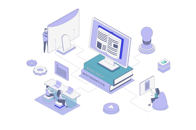 online studying isometric concept in outline isometry design for web people reading digital books at computer learning with ebooks and textbooks doing homework distantly vector illustration