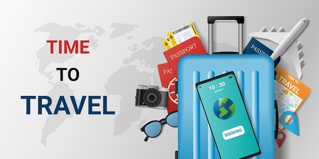 Online travel booking service app on smartphone Travel online ticket Trip planning Travel to World travel equipment and luggage Top view on travel and tourism concept template vector illustration