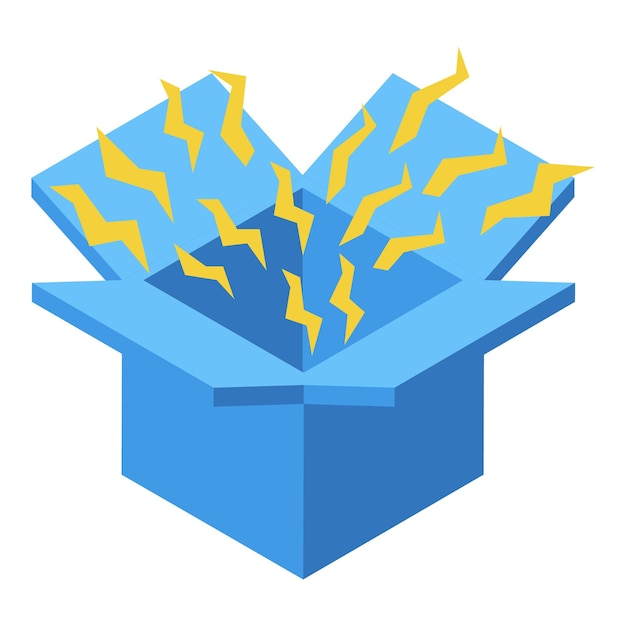 Open blue box generating lightning bolts isometric icon