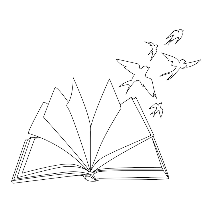 Vektor open book with birds flying out of it line art drawing vector illustrationimagination for education
