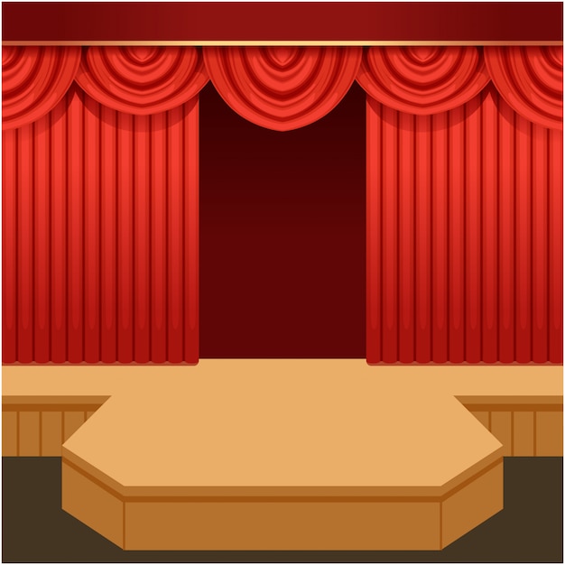 Open theater scene with red curtain and fashion podium. Wooden show stage with scarlet velvet drapery and pelmets.   cartoon illustration.