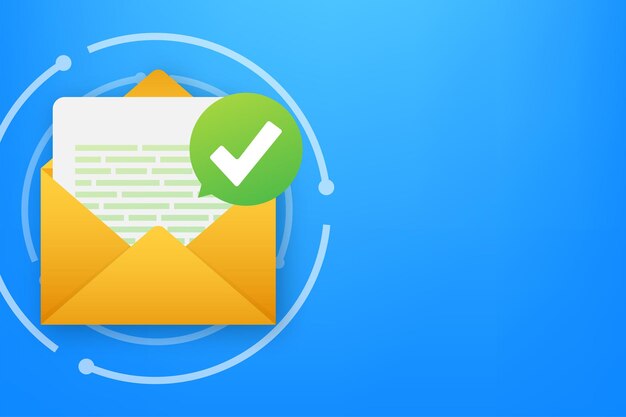 Opened envelope and document with green check mark. Verification email. Vector illustration.
