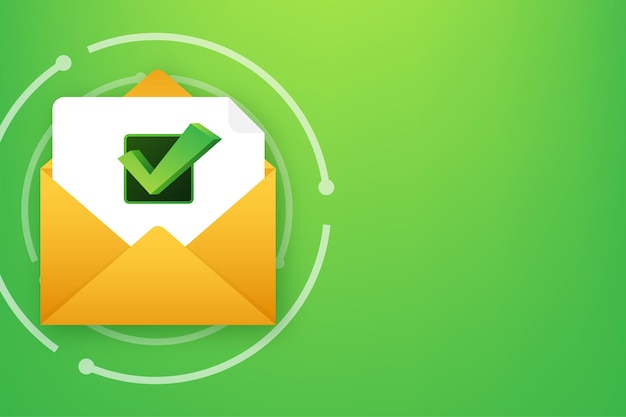Opened envelope and document with green check mark. Verification email. Vector illustration.