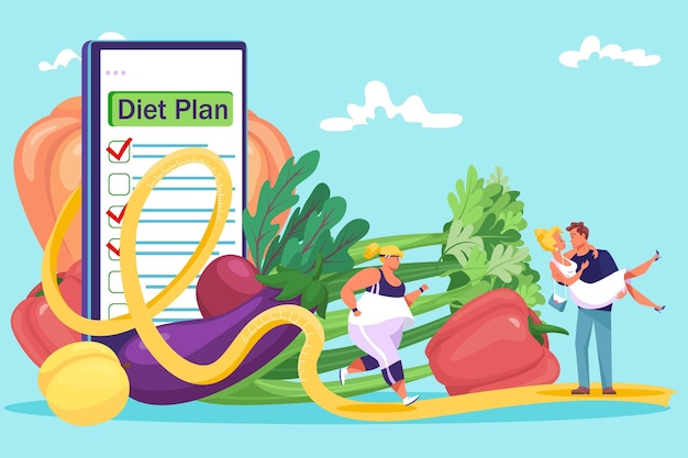 organic healthy vegetable diet plan tiny fat woman running sport exercise man hold slim girl flat vector illustration isolated on blue