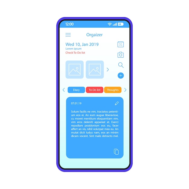 Organizer app smartphone interface vector template