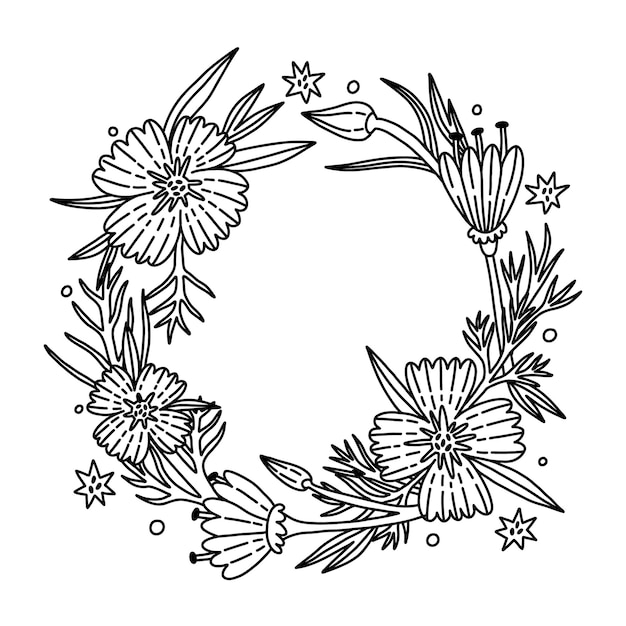 Outline Flower Poppy circle frame in vector doodle style