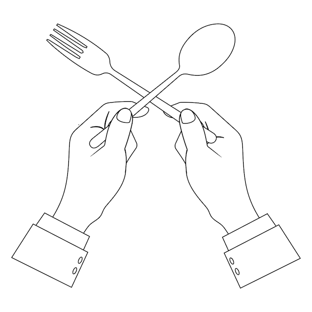 Outline illustration of hands holding a spoon fork and knife for coloring book The simple line