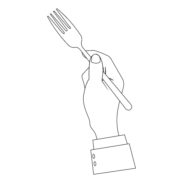 Outline illustration of hands holding a spoon fork and knife for coloring book The simple line