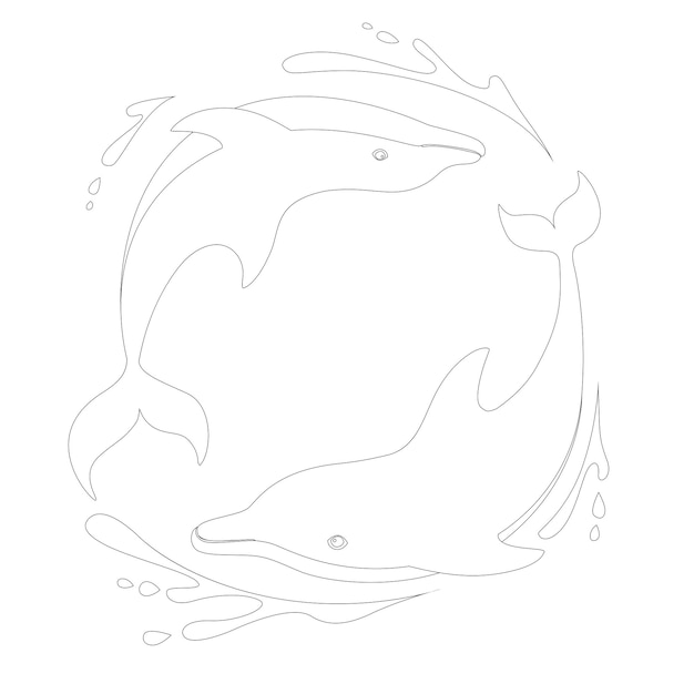 outline style two dolphins playing in the water logo concept design cartoon animal flat vector illustration on white background.