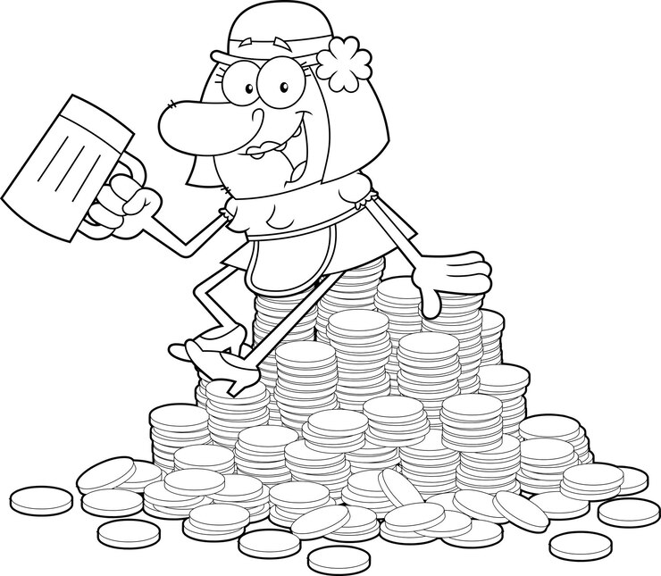 Vektor outlined happy leprechaun woman cartoon character with a mug of beer sits on a pile of gold coins