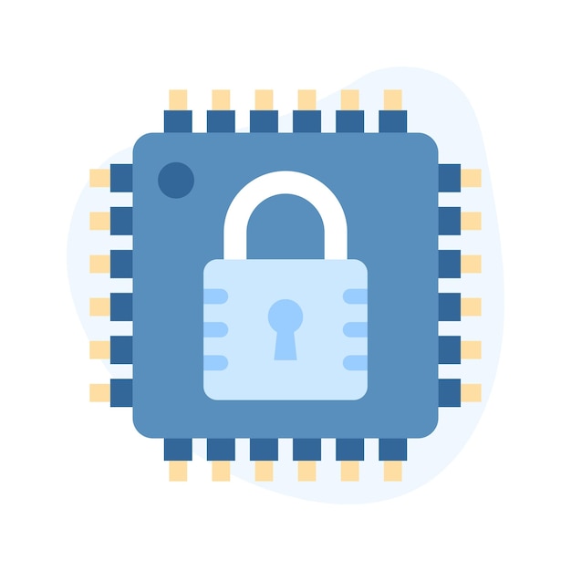 padlock with microprocessor showing flat icon of secure processor
