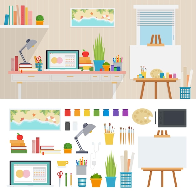 painter room interior art and design concept easel palette lamp books computer paints