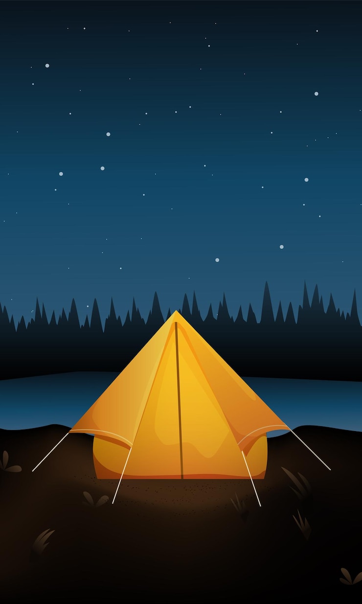 Painterly vector illustration of a night summer camp with a tent on the background of the stars