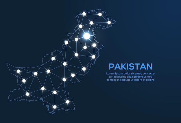 Pakistan communication network map Vector low poly image of a global map with lights in the form of cities Map in the form of a constellation mute and stars