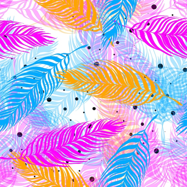 palm tree leaves tropical seamless pattern. pink, blue, floral exotic endless background. pink, blue branches of tropical plants on a white background.