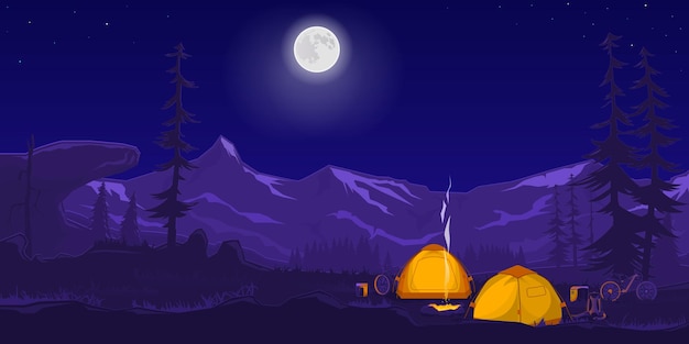 Panoramic night view of the tourist camp. Coniferous forest, rocky cliff, foothill plain, bikes.