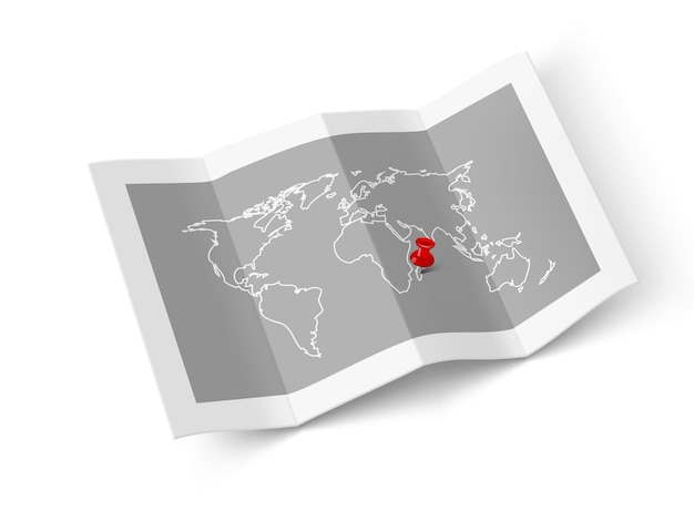 Paper Folded World Map With Red Pin Pointer