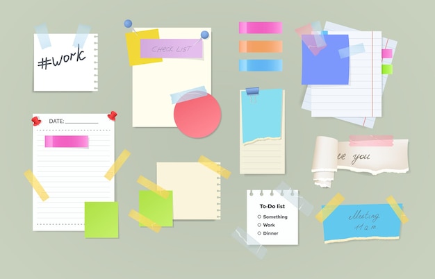 Paper notes on stickers, reminders notepads, memo messages torn paper sheets attached