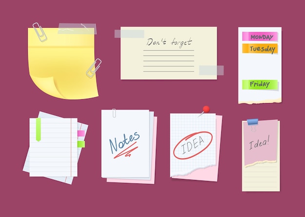 paper notes on stickers, reminders notepads, memo messages torn paper sheets attached