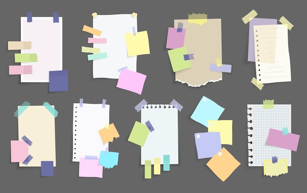 Paper notes stickers Set of different vector note papers Blank of multicolor stickers Sticky sheets of various colors and size vector illustration