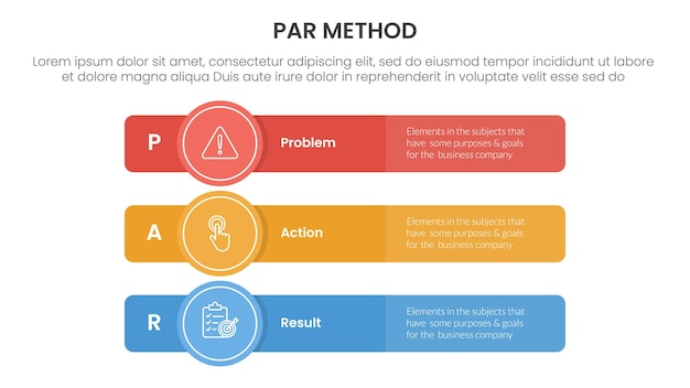 PAR method infographic 3 point with long rectangle box with circle badge for slide presentation
