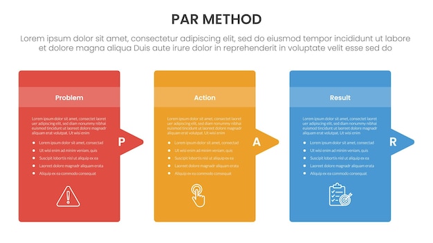 PAR method infographic 3 point with round box container with arrow right side direction for slide presentation