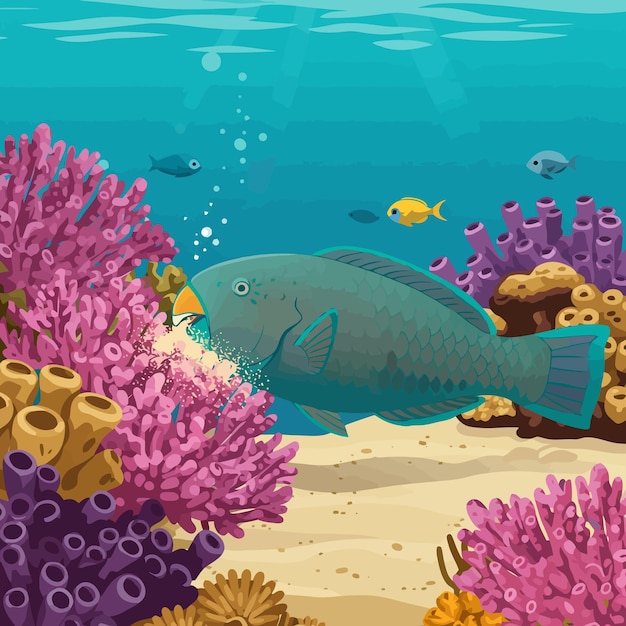 Parrotfish Eating Coral on a Vibrant Reef in Tropical Ocean