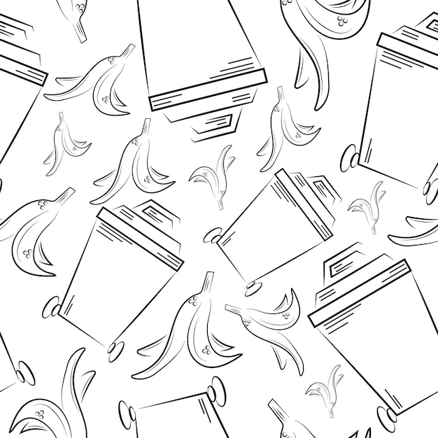 pattern of icons of a small rectangular street trash can and banana skins