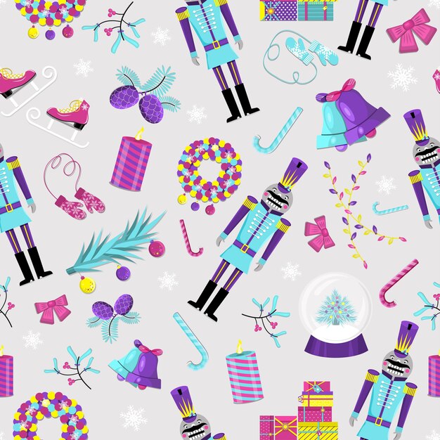 Pattern of nutcracker and Christmas attributes. Flat vector illustration.