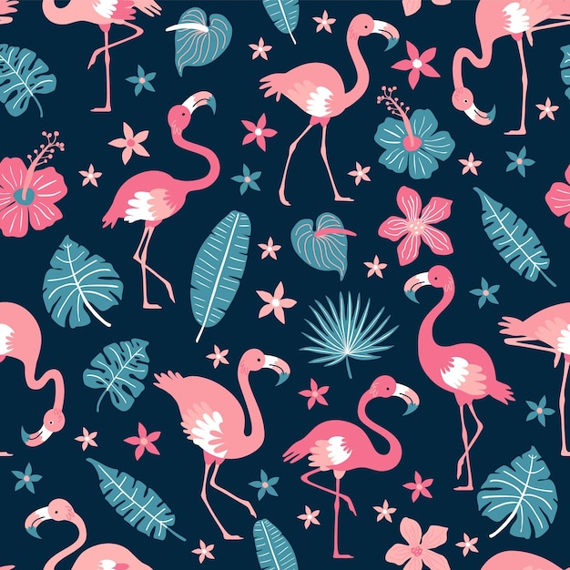 Pattern with pink flamingos and tropical leaves on blue background Pink flamingo in flat style Seamless pattern for textile wrapping paper background